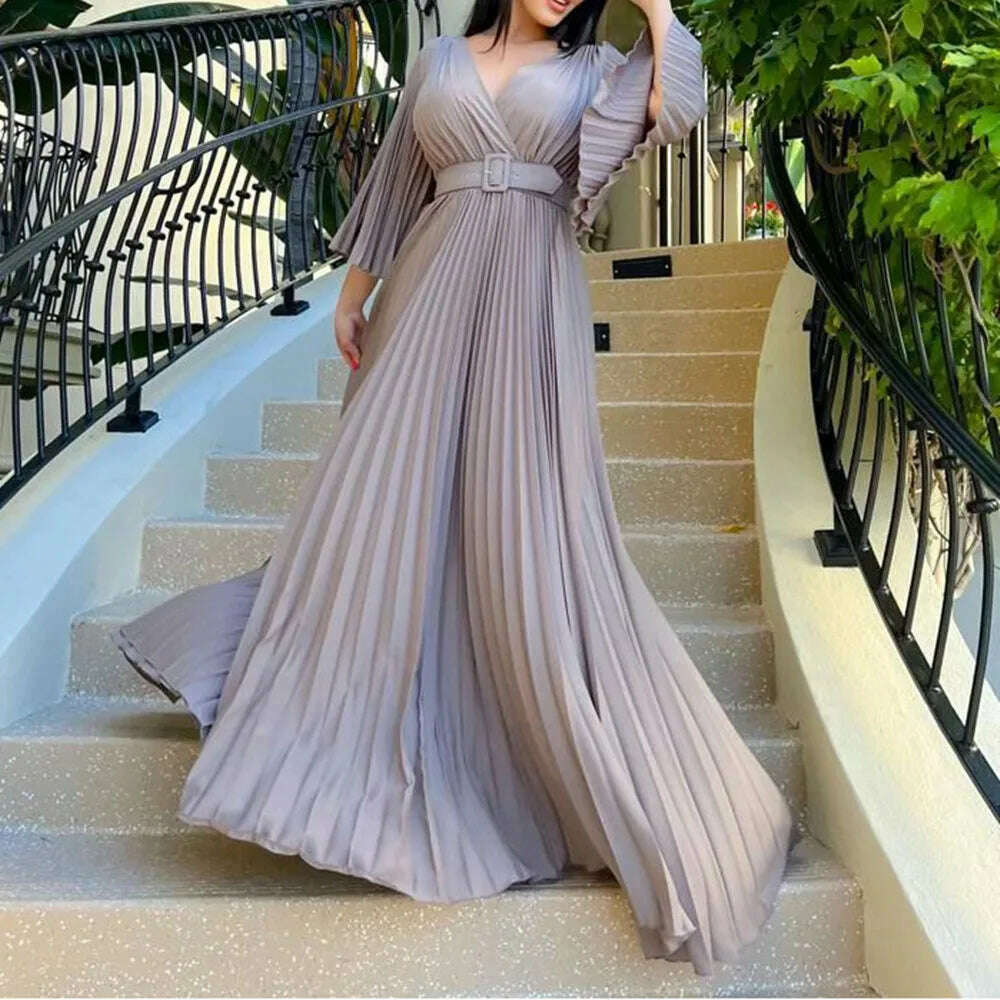 Luxury Pleated Dresses for Women V Neck Belt Waisted Flare Sleeve Floor Length Elegant Birthday Party Dinner Vestidos Mujer Robe - KIMLUD