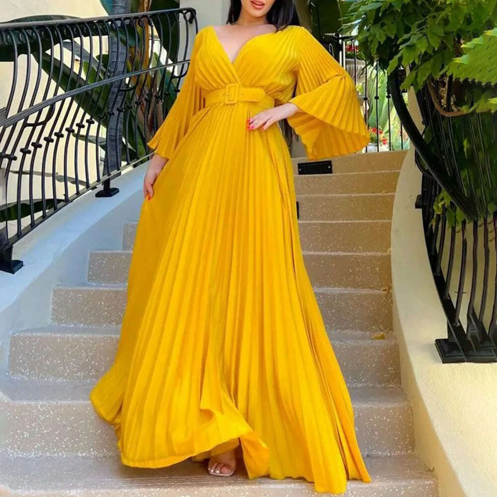 KIMLUD, Luxury Pleated Dresses for Women V Neck Belt Waisted Flare Sleeve Floor Length Elegant Birthday Party Dinner Vestidos Mujer Robe, yellow / M, KIMLUD APPAREL - Womens Clothes