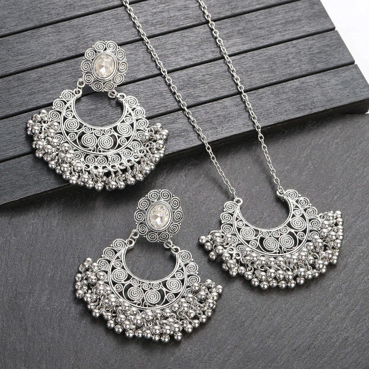 KIMLUD, Luxury Retro Indian Jewelry Set Earring/Necklace Bijoux Wedding Jewelry Hangers Ethnic Carved Jhumka Earrings, HXE513-2, KIMLUD APPAREL - Womens Clothes