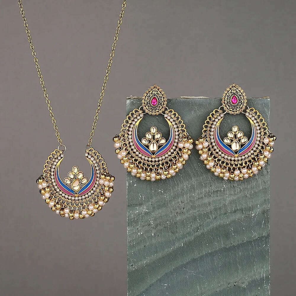 Luxury Retro Indian Jewelry Set Earring/Necklace Bijoux Wedding Jewelry Hangers Ethnic Carved Jhumka Earrings - KIMLUD