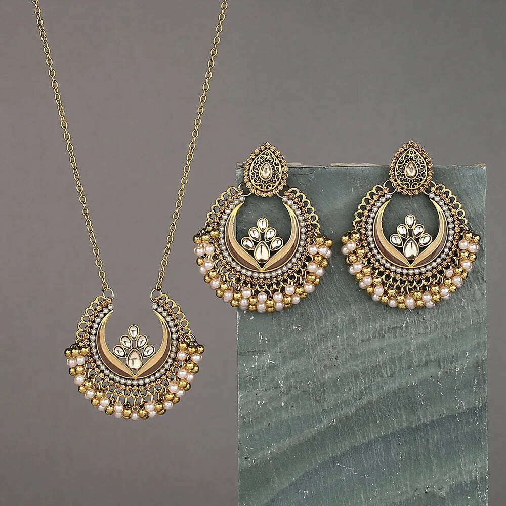 Luxury Retro Indian Jewelry Set Earring/Necklace Bijoux Wedding Jewelry Hangers Ethnic Carved Jhumka Earrings - KIMLUD