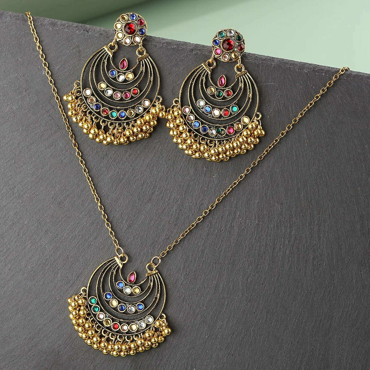 Luxury Retro Indian Jewelry Set Earring/Necklace Bijoux Wedding Jewelry Hangers Ethnic Carved Jhumka Earrings - KIMLUD