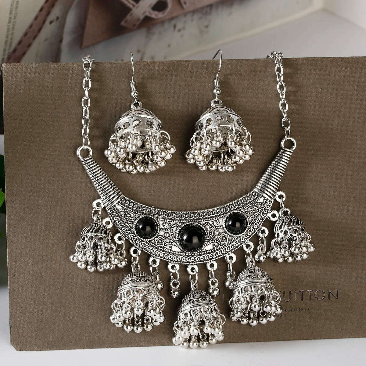 KIMLUD, Luxury Retro Indian Jewelry Set Earring/Necklace Bijoux Wedding Jewelry Hangers Ethnic Carved Jhumka Earrings, HXE490-2A, KIMLUD APPAREL - Womens Clothes