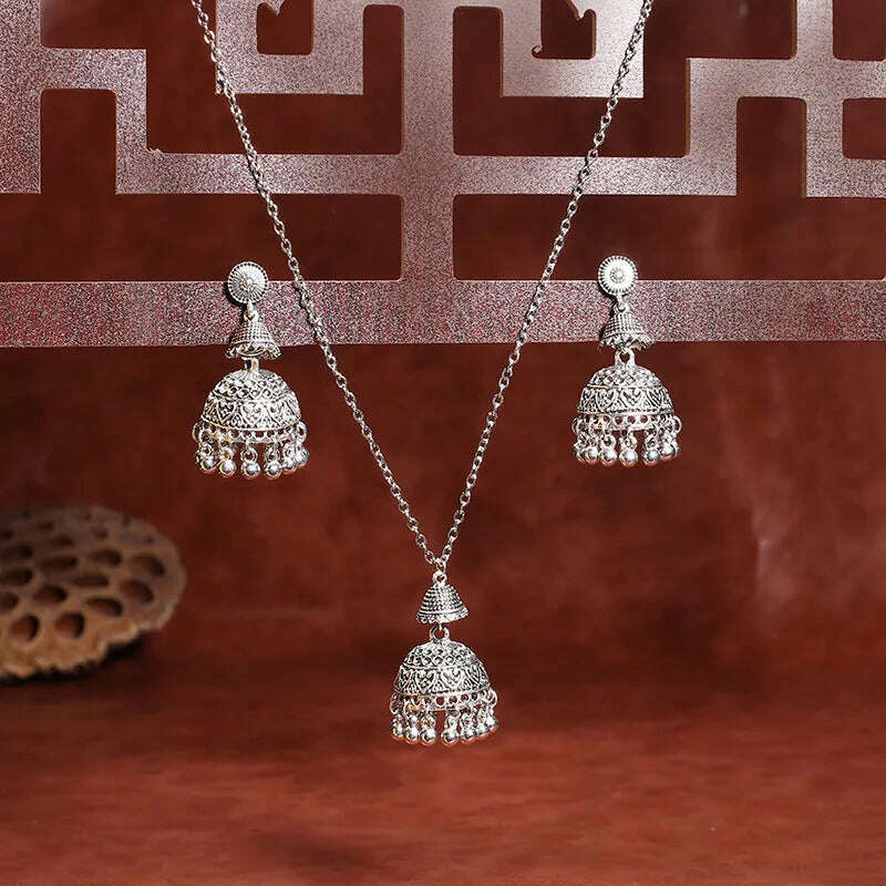 Luxury Retro Indian Jewelry Set Earring/Necklace Bijoux Wedding Jewelry Hangers Ethnic Carved Jhumka Earrings - KIMLUD