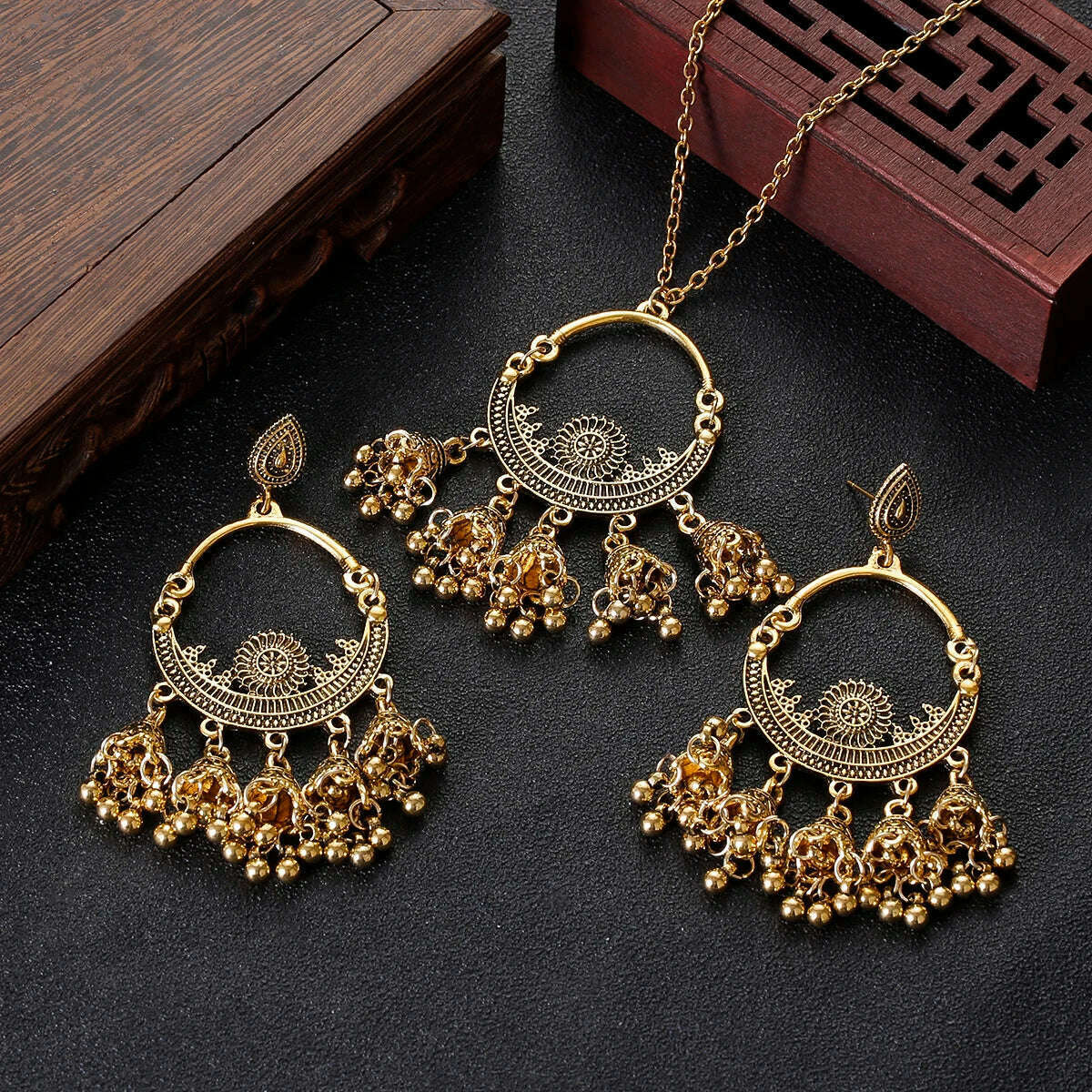 KIMLUD, Luxury Retro Indian Jewelry Set Earring/Necklace Bijoux Wedding Jewelry Hangers Ethnic Carved Jhumka Earrings, HXE521-1, KIMLUD APPAREL - Womens Clothes