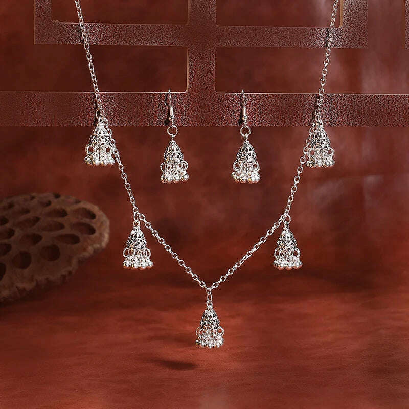 Luxury Retro Indian Jewelry Set Earring/Necklace Bijoux Wedding Jewelry Hangers Ethnic Carved Jhumka Earrings - KIMLUD