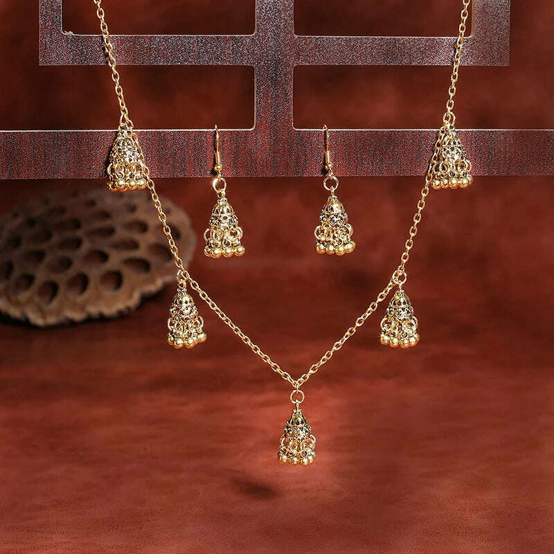 Luxury Retro Indian Jewelry Set Earring/Necklace Bijoux Wedding Jewelry Hangers Ethnic Carved Jhumka Earrings - KIMLUD