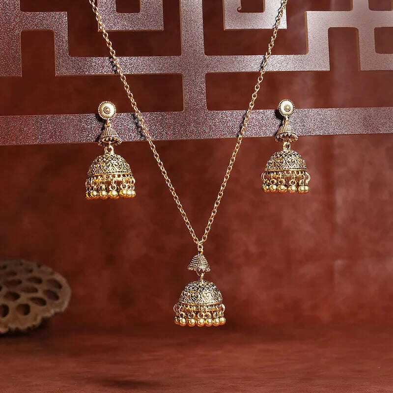 Luxury Retro Indian Jewelry Set Earring/Necklace Bijoux Wedding Jewelry Hangers Ethnic Carved Jhumka Earrings - KIMLUD