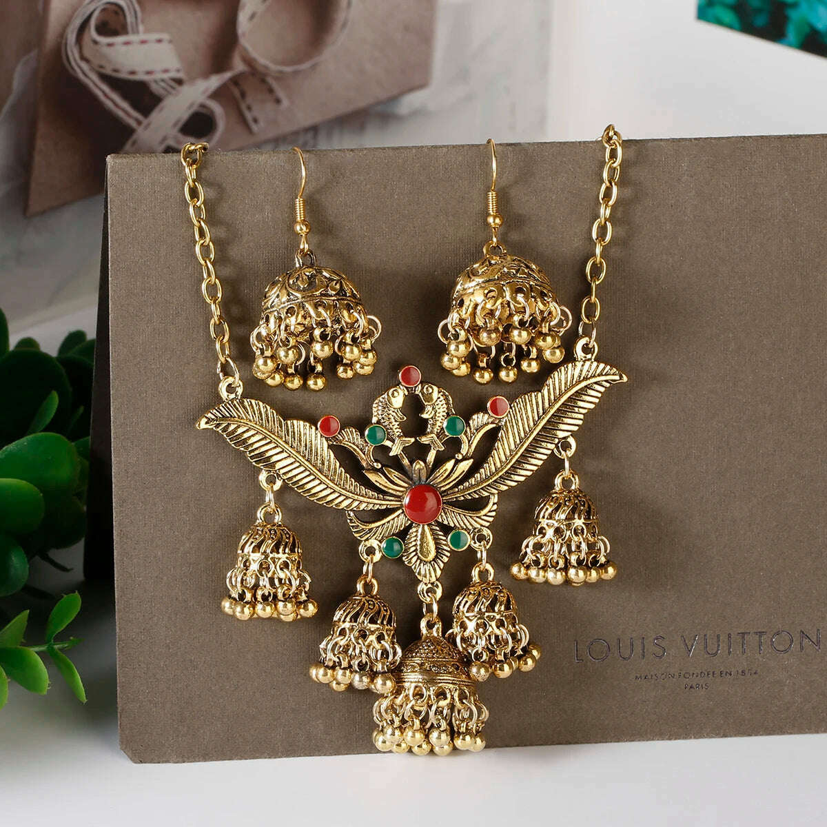 KIMLUD, Luxury Retro Indian Jewelry Set Earring/Necklace Bijoux Wedding Jewelry Hangers Ethnic Carved Jhumka Earrings, HXE489-1B, KIMLUD APPAREL - Womens Clothes