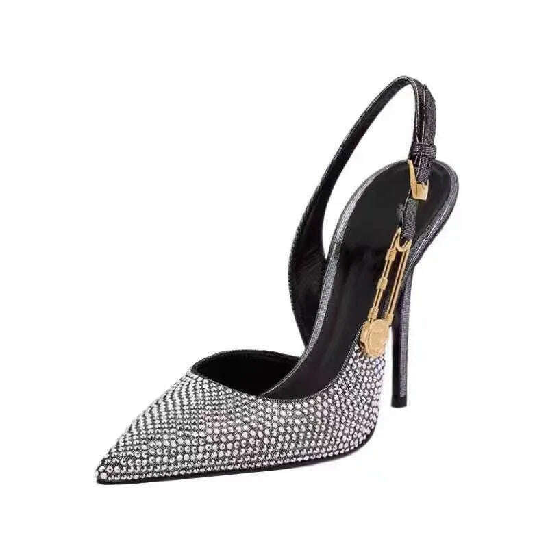 Luxury Rhinestones Sequined Buckle Women Pumps Elegant Pointed toe Slingbacks Stiletto High heels Spring Summer Fashion Shoes - KIMLUD