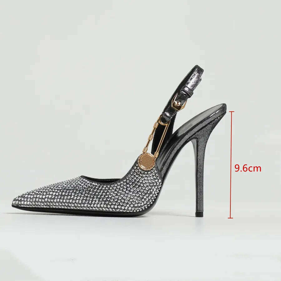 KIMLUD, Luxury Rhinestones Sequined Buckle Women Pumps Elegant Pointed toe Slingbacks Stiletto High heels Spring Summer Fashion Shoes, KIMLUD Womens Clothes