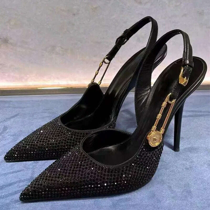 KIMLUD, Luxury Rhinestones Sequined Buckle Women Pumps Elegant Pointed toe Slingbacks Stiletto High heels Spring Summer Fashion Shoes, Black / 40, KIMLUD APPAREL - Womens Clothes