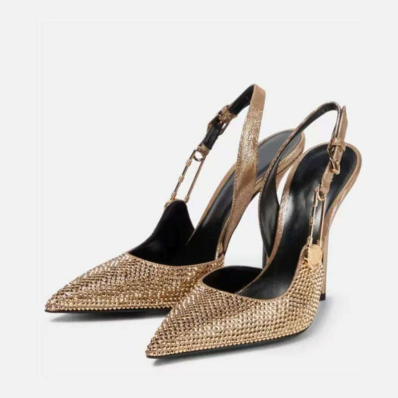 KIMLUD, Luxury Rhinestones Sequined Buckle Women Pumps Elegant Pointed toe Slingbacks Stiletto High heels Spring Summer Fashion Shoes, gold / 35, KIMLUD APPAREL - Womens Clothes