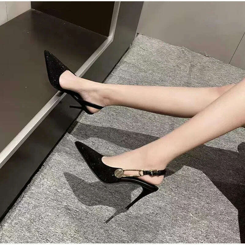 Luxury Rhinestones Sequined Buckle Women Pumps Elegant Pointed toe Slingbacks Stiletto High heels Spring Summer Fashion Shoes - KIMLUD