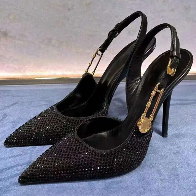 Luxury Rhinestones Sequined Buckle Women Pumps Elegant Pointed toe Slingbacks Stiletto High heels Spring Summer Fashion Shoes - KIMLUD