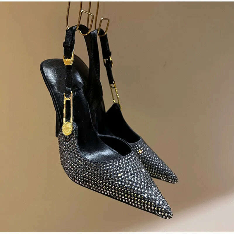 Luxury Rhinestones Sequined Buckle Women Pumps Elegant Pointed toe Slingbacks Stiletto High heels Spring Summer Fashion Shoes - KIMLUD