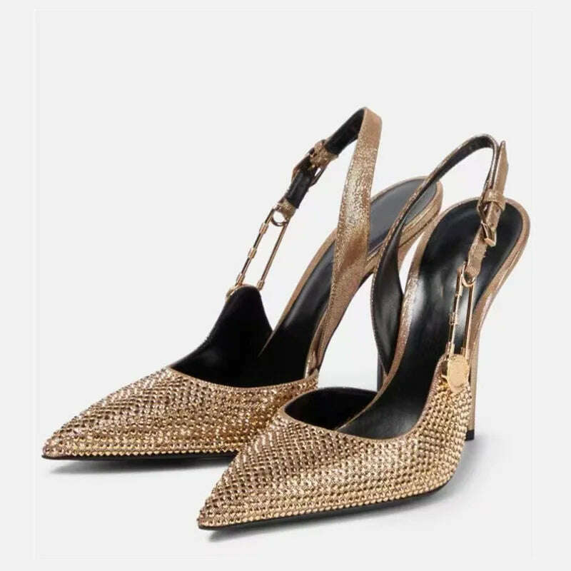 KIMLUD, Luxury Rhinestones Sequined Buckle Women Pumps Elegant Pointed toe Slingbacks Stiletto High heels Spring Summer Fashion Shoes, KIMLUD Womens Clothes