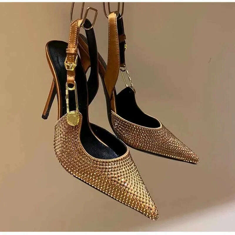 Luxury Rhinestones Sequined Buckle Women Pumps Elegant Pointed toe Slingbacks Stiletto High heels Spring Summer Fashion Shoes - KIMLUD