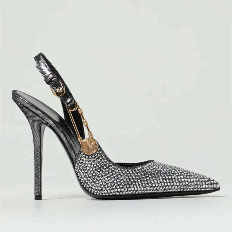 Luxury Rhinestones Sequined Buckle Women Pumps Elegant Pointed toe Slingbacks Stiletto High heels Spring Summer Fashion Shoes - KIMLUD