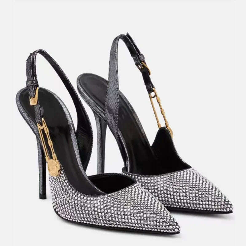 KIMLUD, Luxury Rhinestones Sequined Buckle Women Pumps Elegant Pointed toe Slingbacks Stiletto High heels Spring Summer Fashion Shoes, KIMLUD Womens Clothes