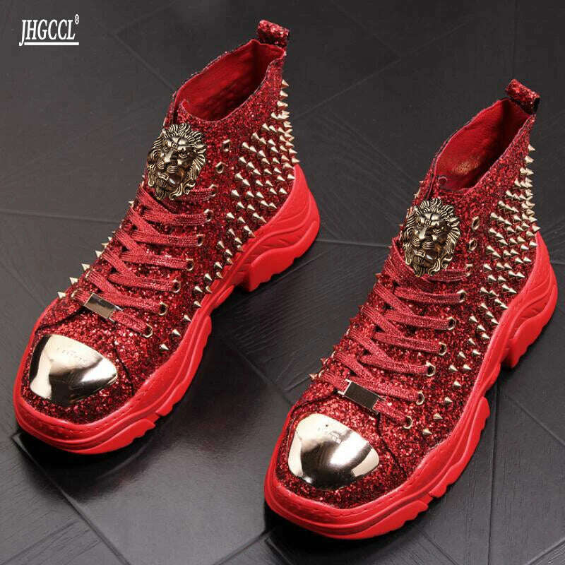 KIMLUD, Luxury rivet Boots Men's shoes designer sneakers men punk high tops gold red light bottom Casual Platform shoe zapatillas hombre, Red / 42, KIMLUD APPAREL - Womens Clothes