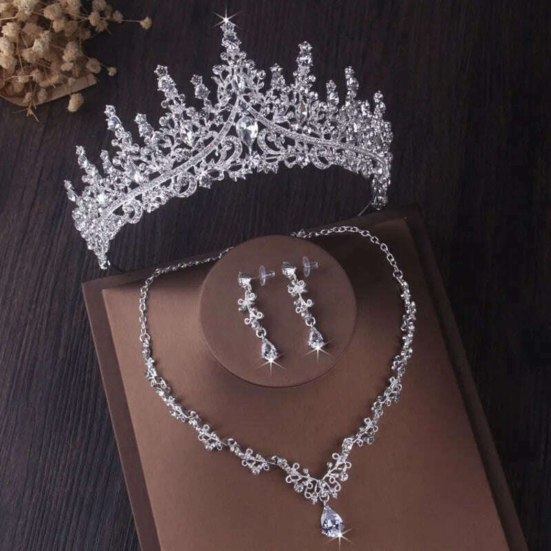 Luxury Silver Color Crystal Water Drop Bridal Jewelry Sets Rhinestone Tiaras Crown Necklace Earrings Wedding Dubai Jewelry Set - KIMLUD