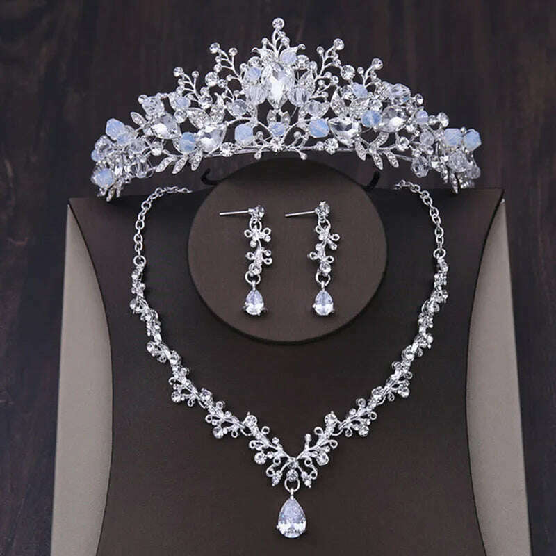 KIMLUD, Luxury Silver Color Crystal Water Drop Bridal Jewelry Sets Rhinestone Tiaras Crown Necklace Earrings Wedding Dubai Jewelry Set, TS-0020-D-XL-0004-A / Tiaras, KIMLUD APPAREL - Womens Clothes