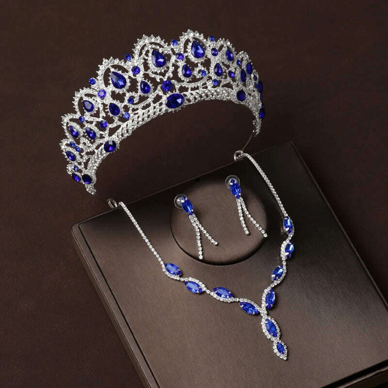 KIMLUD, Luxury Silver Color Crystal Water Drop Bridal Jewelry Sets Rhinestone Tiaras Crown Necklace Earrings Wedding Dubai Jewelry Set, TS-0080-A-XL-0045-C / Tiaras, KIMLUD APPAREL - Womens Clothes