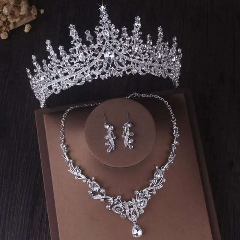 KIMLUD, Luxury Silver Color Crystal Water Drop Bridal Jewelry Sets Rhinestone Tiaras Crown Necklace Earrings Wedding Dubai Jewelry Set, TS-0002-I-XL-0014-A / Tiaras, KIMLUD APPAREL - Womens Clothes