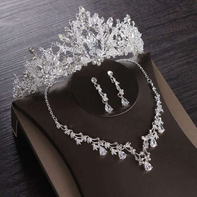 KIMLUD, Luxury Silver Color Crystal Water Drop Bridal Jewelry Sets Rhinestone Tiaras Crown Necklace Earrings Wedding Dubai Jewelry Set, TS-0179-I-XL-0002-A / Tiaras, KIMLUD APPAREL - Womens Clothes