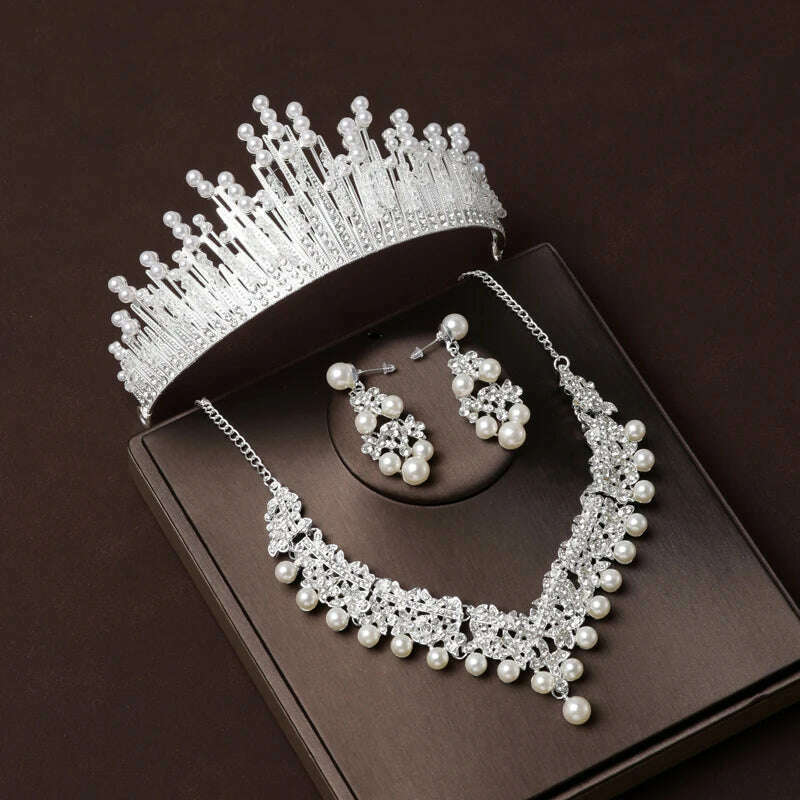 KIMLUD, Luxury Silver Color Crystal Water Drop Bridal Jewelry Sets Rhinestone Tiaras Crown Necklace Earrings Wedding Dubai Jewelry Set, KIMLUD Womens Clothes