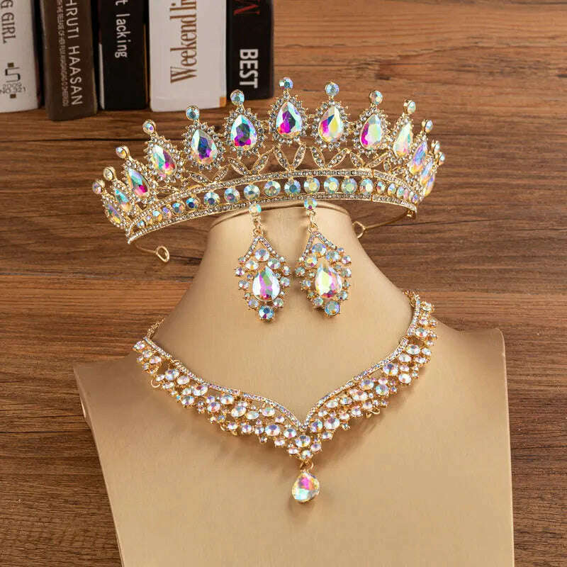 KIMLUD, Luxury Silver Color Crystal Water Drop Bridal Jewelry Sets Rhinestone Tiaras Crown Necklace Earrings Wedding Dubai Jewelry Set, TS-0015-N-XL-0019-C / Tiaras, KIMLUD APPAREL - Womens Clothes