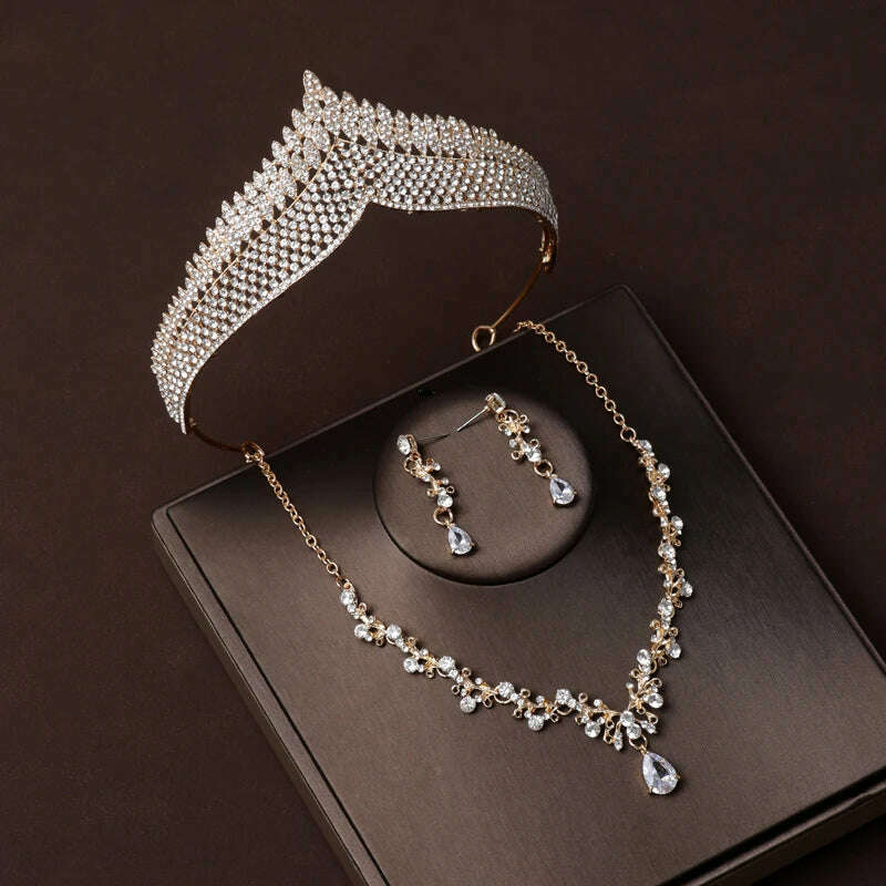 KIMLUD, Luxury Silver Color Crystal Water Drop Bridal Jewelry Sets Rhinestone Tiaras Crown Necklace Earrings Wedding Dubai Jewelry Set, TS-0126-C-XL-0004-B / Tiaras, KIMLUD APPAREL - Womens Clothes