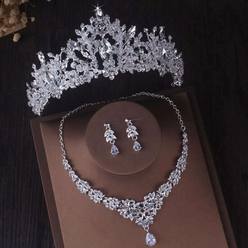 KIMLUD, Luxury Silver Color Crystal Water Drop Bridal Jewelry Sets Rhinestone Tiaras Crown Necklace Earrings Wedding Dubai Jewelry Set, TS-0179-I-XL-0001-A / Tiaras, KIMLUD APPAREL - Womens Clothes