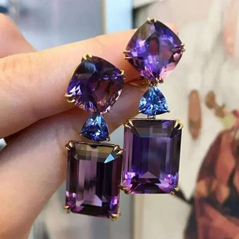 KIMLUD, Luxury Square Purple Cubic Zirconia Crystal Earrings  for Women New FashionExquisite Fashion Gold Color Dangle  Wedding Jewelry, he  Earrings, KIMLUD APPAREL - Womens Clothes