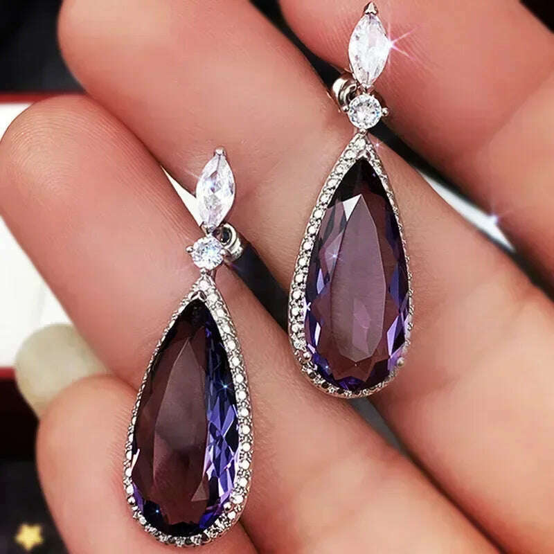 KIMLUD, Luxury Square Purple Cubic Zirconia Crystal Earrings  for Women New FashionExquisite Fashion Gold Color Dangle  Wedding Jewelry, E1448 Earrings, KIMLUD APPAREL - Womens Clothes