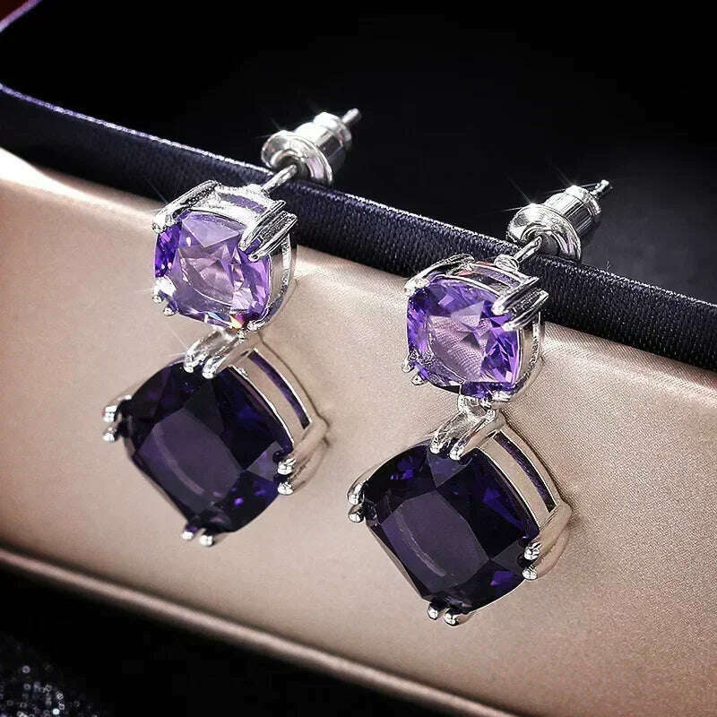 KIMLUD, Luxury Square Purple Cubic Zirconia Crystal Earrings  for Women New FashionExquisite Fashion Gold Color Dangle  Wedding Jewelry, E889Earrings, KIMLUD APPAREL - Womens Clothes