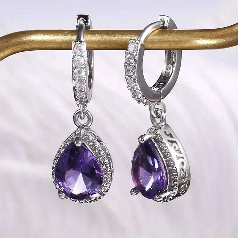 KIMLUD, Luxury Square Purple Cubic Zirconia Crystal Earrings  for Women New FashionExquisite Fashion Gold Color Dangle  Wedding Jewelry, E070, KIMLUD APPAREL - Womens Clothes