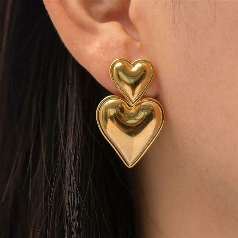 Luxury Trendy Double Heart Shaped Earrings Gold Plated Smooth Metal Love Drop Earrings For Women Jewelry Party Gift - KIMLUD