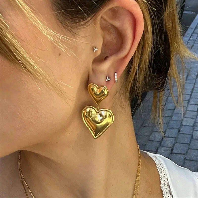 Luxury Trendy Double Heart Shaped Earrings Gold Plated Smooth Metal Love Drop Earrings For Women Jewelry Party Gift - KIMLUD