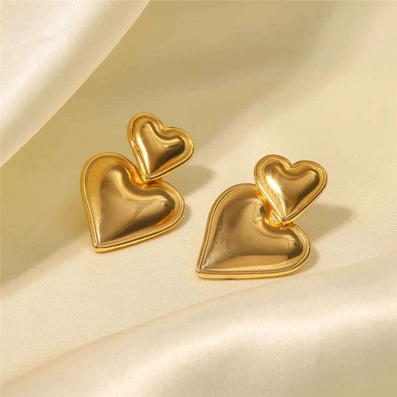 Luxury Trendy Double Heart Shaped Earrings Gold Plated Smooth Metal Love Drop Earrings For Women Jewelry Party Gift - KIMLUD