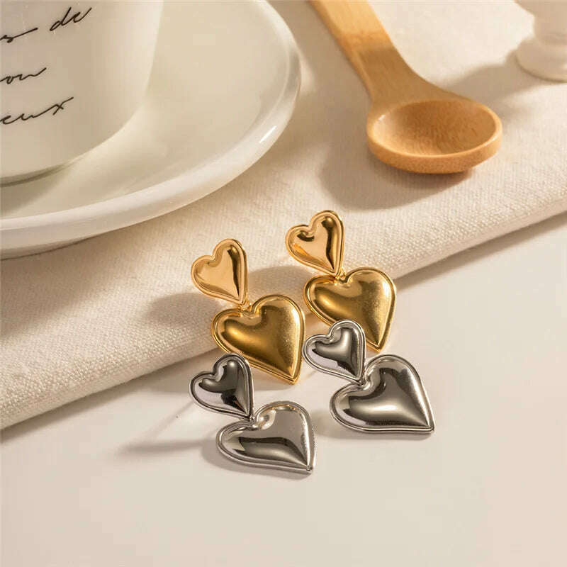 Luxury Trendy Double Heart Shaped Earrings Gold Plated Smooth Metal Love Drop Earrings For Women Jewelry Party Gift - KIMLUD