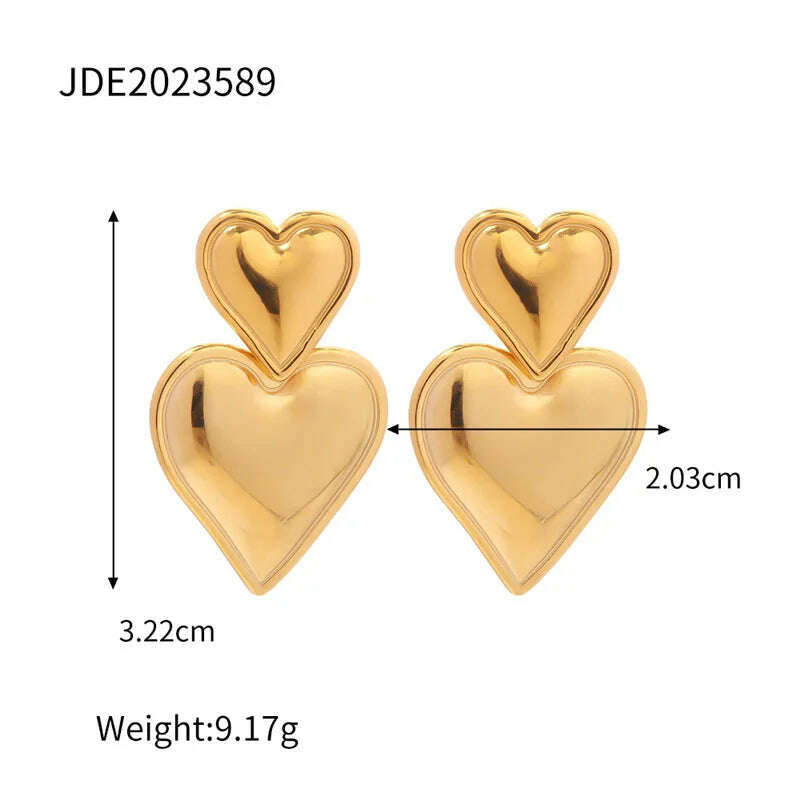 KIMLUD, Luxury Trendy Double Heart Shaped Earrings Gold Plated Smooth Metal Love Drop Earrings For Women Jewelry Party Gift, KIMLUD Womens Clothes