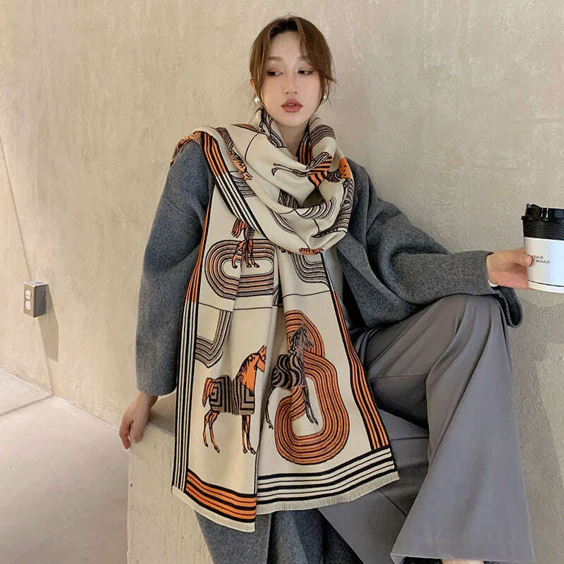 KIMLUD, Luxury Winter Cashmere Scarf Women 2023 Design Warm Pashmina Blanket Horse Scarves Female Shawl Wraps Thick Foulard Bufanda, KIMLUD Womens Clothes