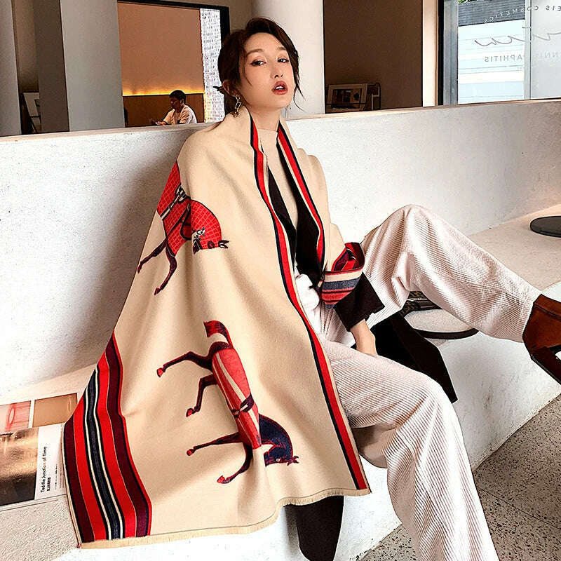 KIMLUD, Luxury Winter Cashmere Scarf Women 2023 Design Warm Pashmina Blanket Horse Scarves Female Shawl Wraps Thick Foulard Bufanda, Y15-2-Beige, KIMLUD APPAREL - Womens Clothes