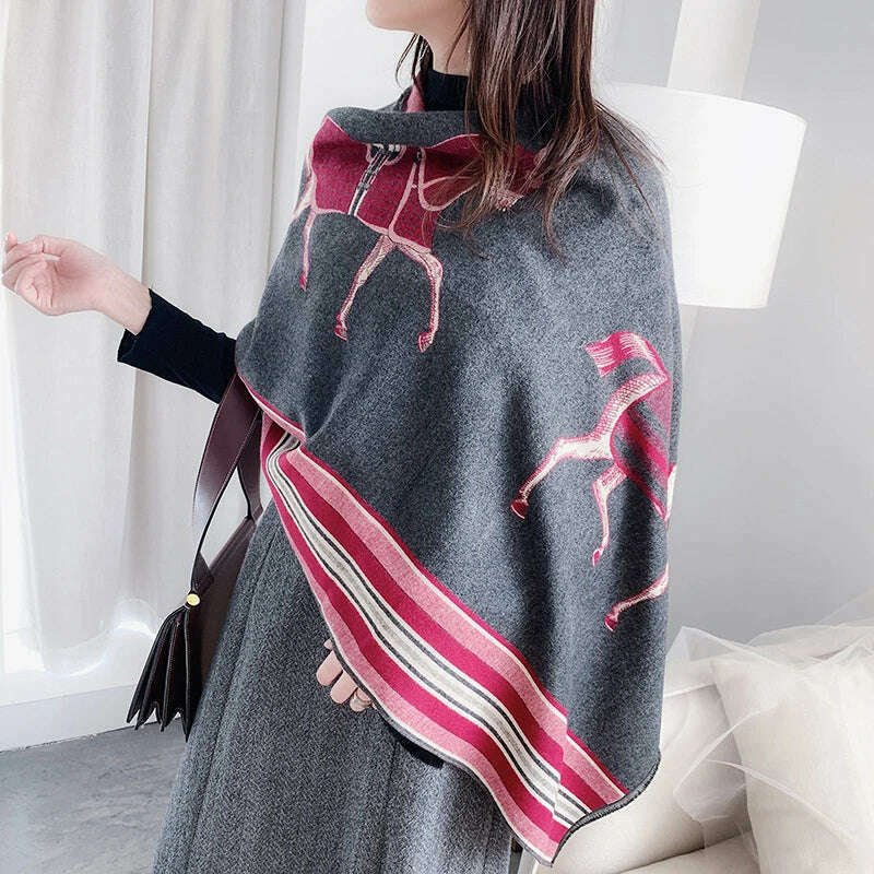 KIMLUD, Luxury Winter Cashmere Scarf Women 2023 Design Warm Pashmina Blanket Horse Scarves Female Shawl Wraps Thick Foulard Bufanda, Y15-3-Dark gray, KIMLUD APPAREL - Womens Clothes