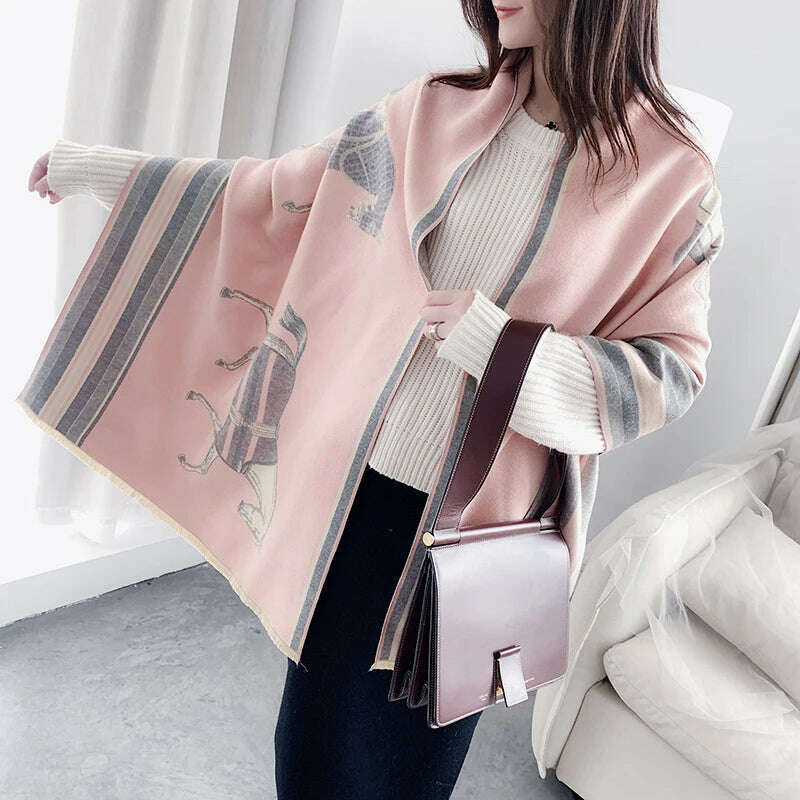 KIMLUD, Luxury Winter Cashmere Scarf Women 2023 Design Warm Pashmina Blanket Horse Scarves Female Shawl Wraps Thick Foulard Bufanda, Y15-4-Pink, KIMLUD APPAREL - Womens Clothes