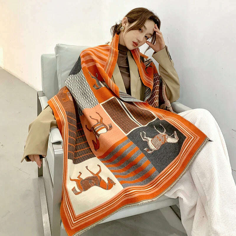 KIMLUD, Luxury Winter Cashmere Scarf Women 2023 Design Warm Pashmina Blanket Horse Scarves Female Shawl Wraps Thick Foulard Bufanda, Y6-1-Orange, KIMLUD APPAREL - Womens Clothes