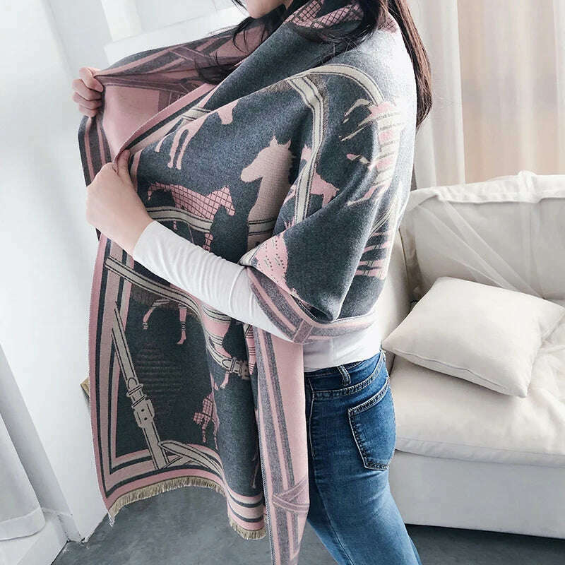 KIMLUD, Luxury Winter Cashmere Scarf Women 2023 Design Warm Pashmina Blanket Horse Scarves Female Shawl Wraps Thick Foulard Bufanda, Y9-2-Gray, KIMLUD APPAREL - Womens Clothes