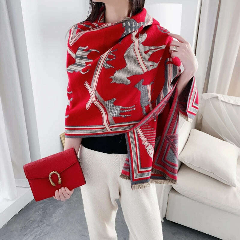 KIMLUD, Luxury Winter Cashmere Scarf Women 2023 Design Warm Pashmina Blanket Horse Scarves Female Shawl Wraps Thick Foulard Bufanda, Y9-3-Red, KIMLUD APPAREL - Womens Clothes